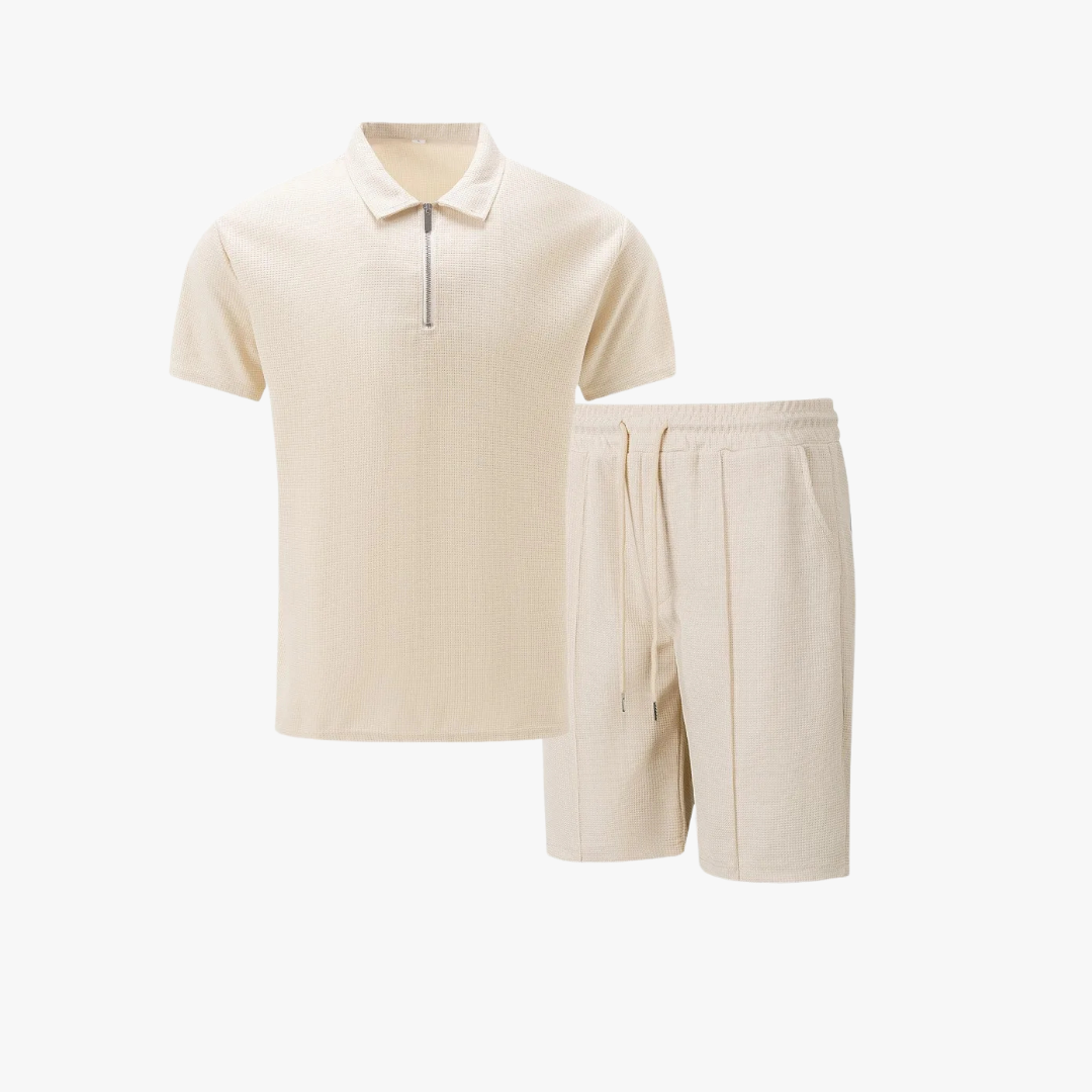 Men's Waffle Knit Polo and Shorts Set | Zip Placket
