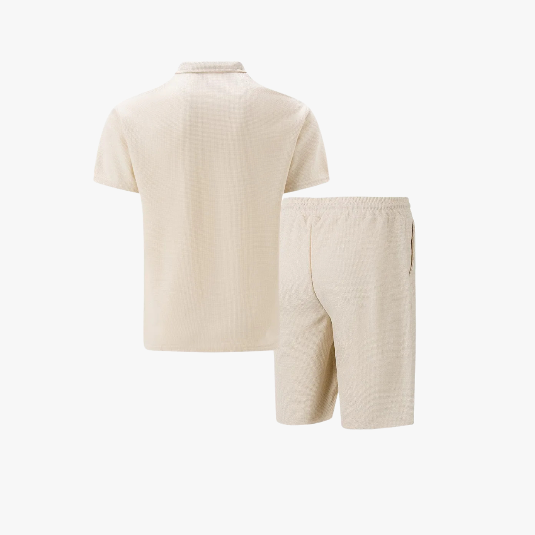 Men's Waffle Knit Polo and Shorts Set | Zip Placket
