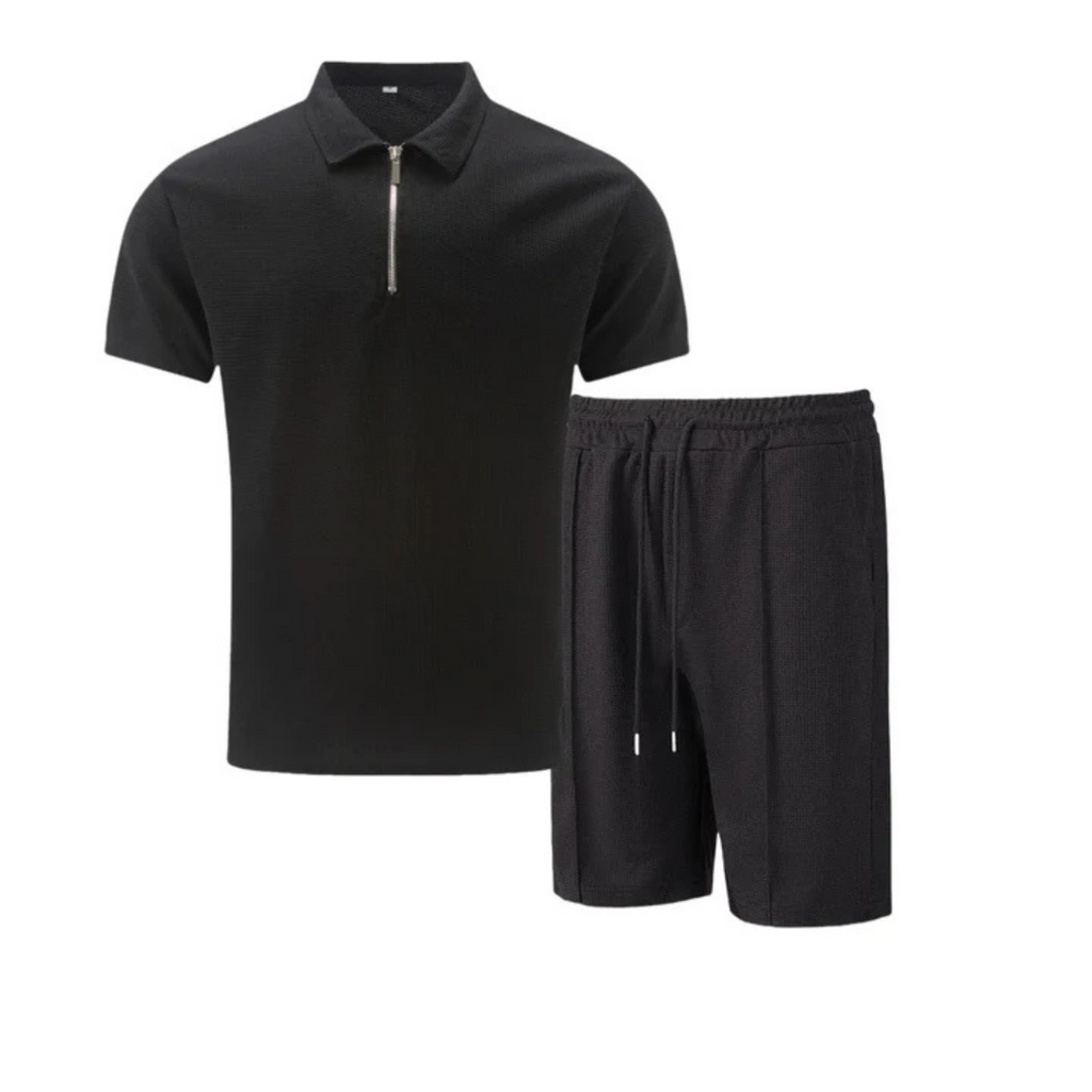 Men's Waffle Knit Polo and Shorts Set | Zip Placket
