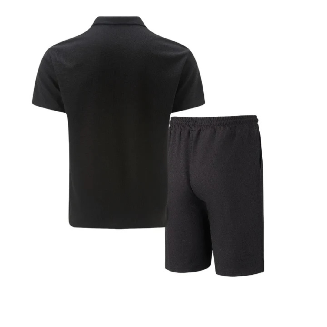 Men's Waffle Knit Polo and Shorts Set | Zip Placket