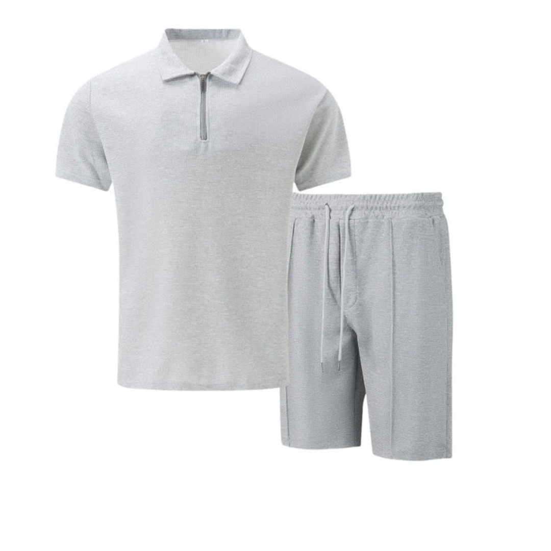 Men's Waffle Knit Polo and Shorts Set | Zip Placket
